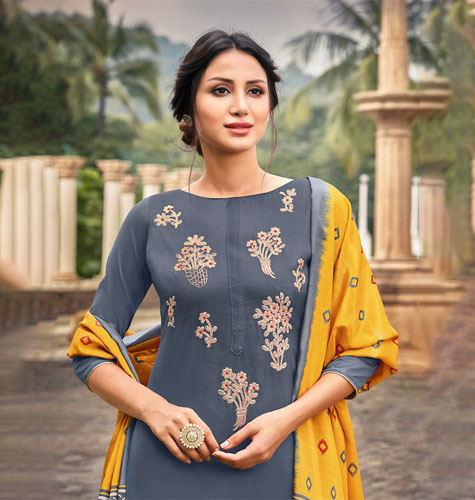 Grey & Yellow Embroidered Unstitched Dress Material